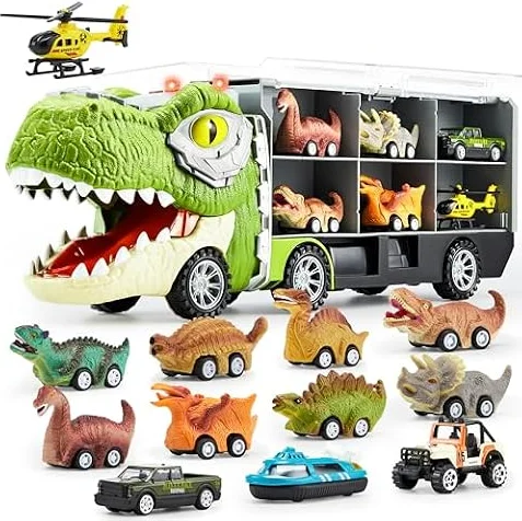 JOYIN 13 in 1 Dinosaur Toys for Kids 3-5, Transport Dinosaur Carrier Truck with 12 Pull Back Cars, Kids Toys 3-4 Birthday Gifts for 3 4 5+ Year Old Boys