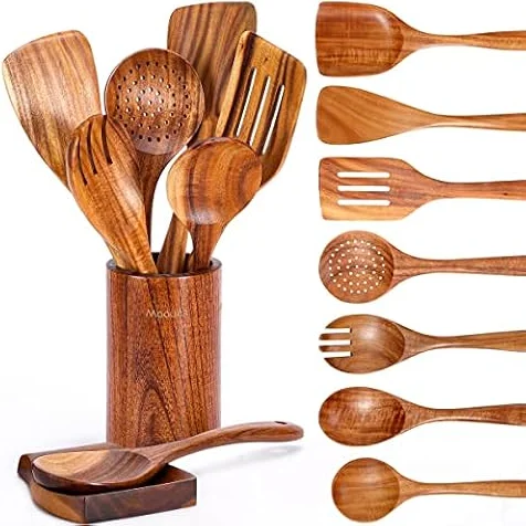 Mooues Wooden Kitchen Utensil Set, 9 Piece Natural Teak with Spoon Rest