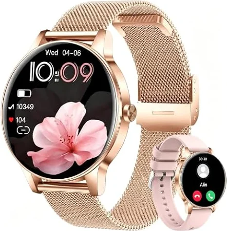 Smart Watches for Women, (Answer/Make Calls) 1.27" Fitness Watches with Sleeping/Heart Rate/SpO2 Monitoring, Activity Tracker for Android Phones and iPhone Compatible, Gold Metal Band Included