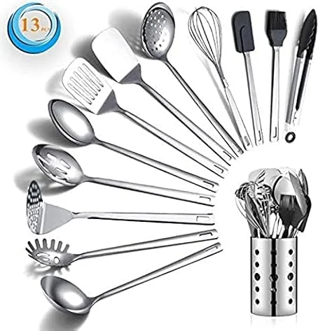 Stainless Steel Cooking Utensils Set, Berglander 13 Pieces Kitchen Utensils Set, Kitchen Tools Set With Utensil Holder Non-Stick And Heat Resistant,Dishwasher Safe, Easy to Clean (13 Packs)
