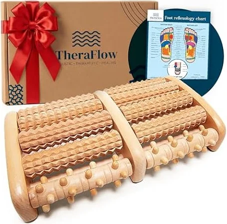 TheraFlow Foot Roller for Plantar Fasciitis Relief and Neuropathy Pain Relief for Feet - Wooden Foot Massager Roller Acupressure Tool with Reflexology Chart - Mom Gifts for Women and Men