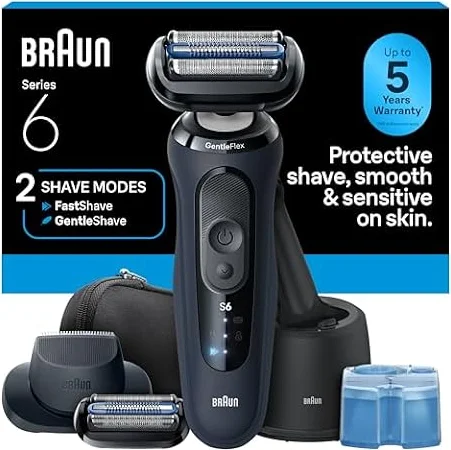 Braun Series 6 Electric Shaver for Men, Wet & Dry Foil Razor, 4-in-1 SmartCare Clean & Charge Center, Precision Trimmer Attachment, Replacement Shaver Head, Travel Case, Dark Blue 6177ps