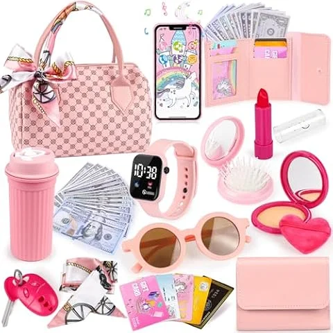 Oisacirg Play Purse with Watch, Phone, Pretend Play Toys for Girls Ages 3-8