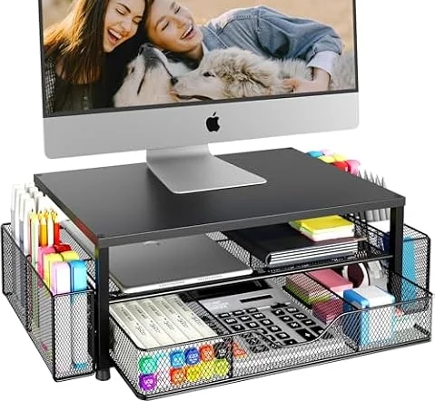 OPNICE Desk Organizer and Accessories, 2-Tier Computer Monitor Stand Riser with Drawer and 2 Pen Holders, Laptop Stand, Office Desk Accessories for Office Supplies, Black