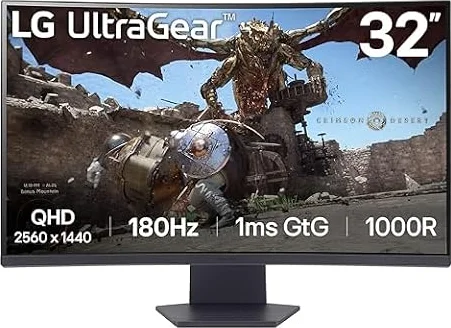 LG 32GS60QC-B Ultragear 32-inch Curved Gaming Monitor QHD (2560x1440) 180Hz 1ms 1000R AMD FreeSync HDR10 HDMIx2 DisplayPort Borderless Design Black Stabilizer DAS Crosshair FPS Counter - Black