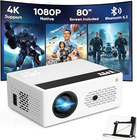 TMY Native 1080P Mini Portable Projector, 2-way Bluetooth, with 80in Screen