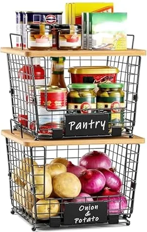 2 Set Large Stackable Wire Basket with Bamboo Tops & Tag- Pantry Organizer and Storage Bins, Kitchen Counter Cabinet Shelf Countertop Under Sink Organizing for Food Snack Produce Onion Potato Bread