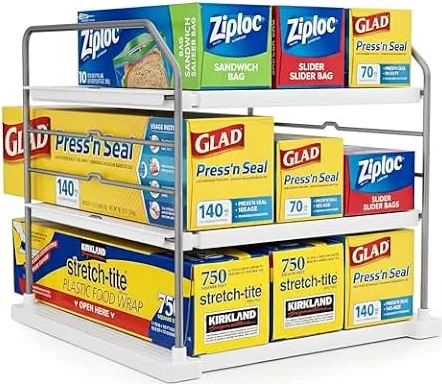 EVERIE Extendable 3-Tier Kitchen Cabinet & Pantry Organizer for Plastic Wrap, Foil & Storage Bags, Adjustable Heavy Duty Shelf Rack for Wrap Boxes, Jars & Snack Boxes (11–16.7 in Wide), Pack of 1