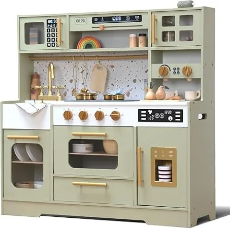 Wooden Play Kitchen with 15 Fun Accessories and Realistic Appliances Green
