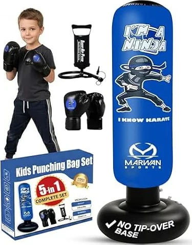 Marwan Sports Ninja Kids Punching Bag — Inflatable Sensory Toy & Birthday Gift for Boys & Girls Ages 4-12, 63" Freestanding 5-in-1 Kit, Indoor Apartment-Quiet Sensory-Friendly Active Play
